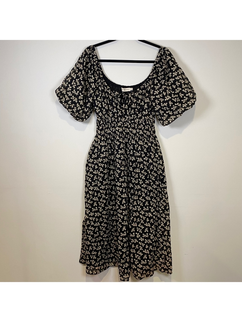Tory Burch Black and Cream Floral Midi Dress Size M